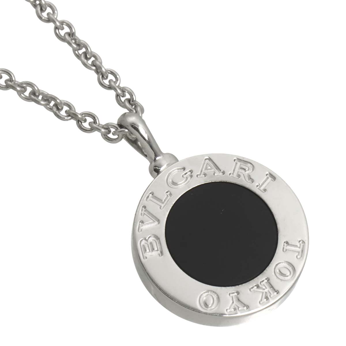 Double Logo Diamond Onyx Necklace 18K White Gold 750