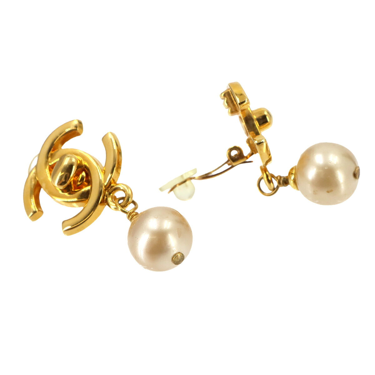 Faux pearl Coco Logos Earrings Gold 96A Clip Vintage Accessory