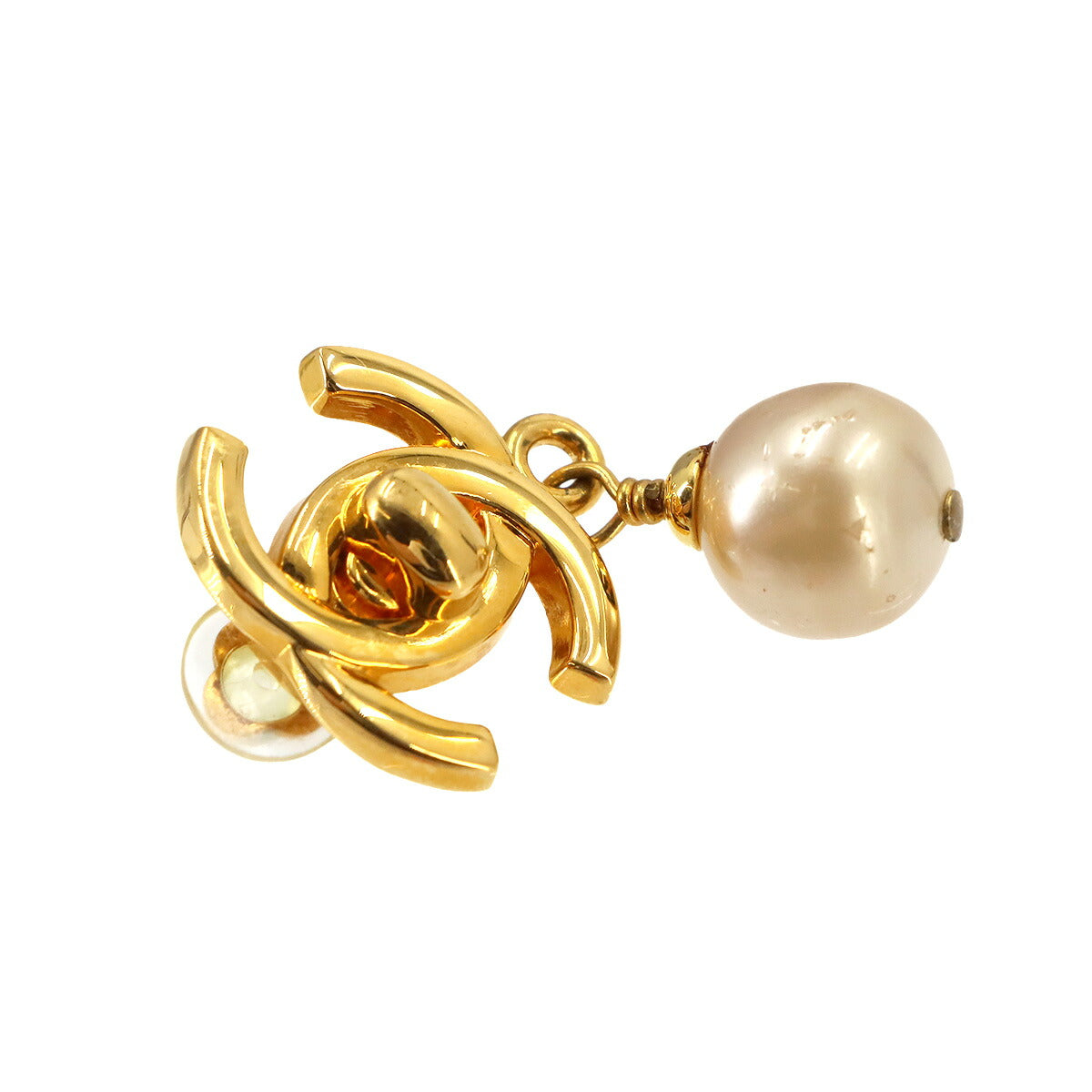 Faux pearl Coco Logos Earrings Gold 96A Clip Vintage Accessory