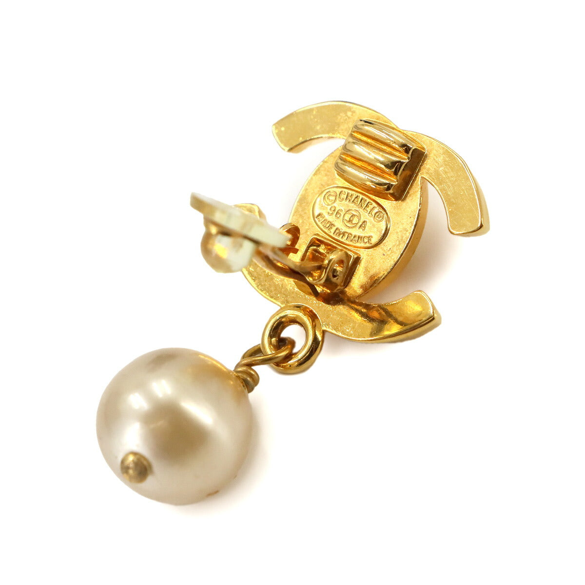 Faux pearl Coco Logos Earrings Gold 96A Clip Vintage Accessory