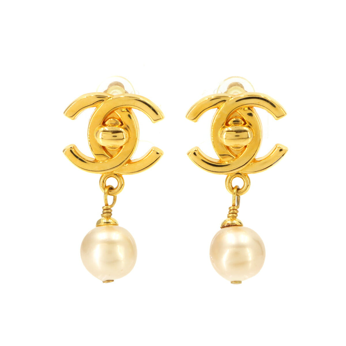 Faux pearl Coco Logos Earrings Gold 96A Clip Vintage Accessory