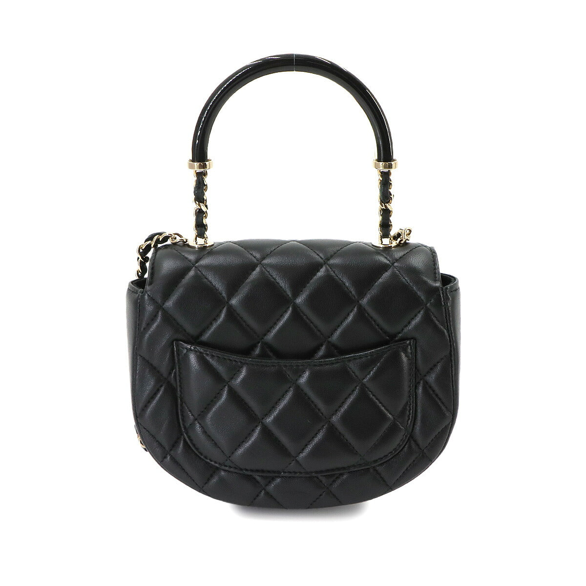 Matelasse Top Handle Hand Chain Shoulder Bag Leather Black