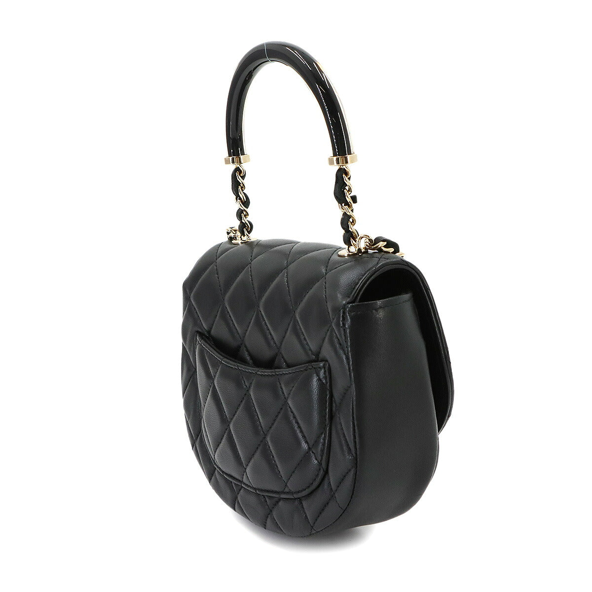 Matelasse Top Handle Hand Chain Shoulder Bag Leather Black