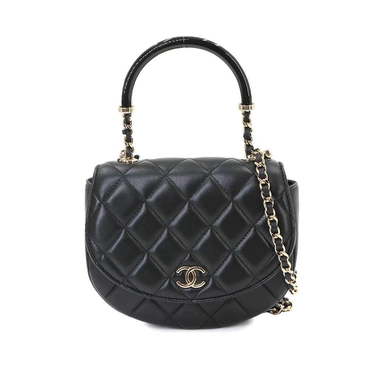 Matelasse Top Handle Hand Chain Shoulder Bag Leather Black