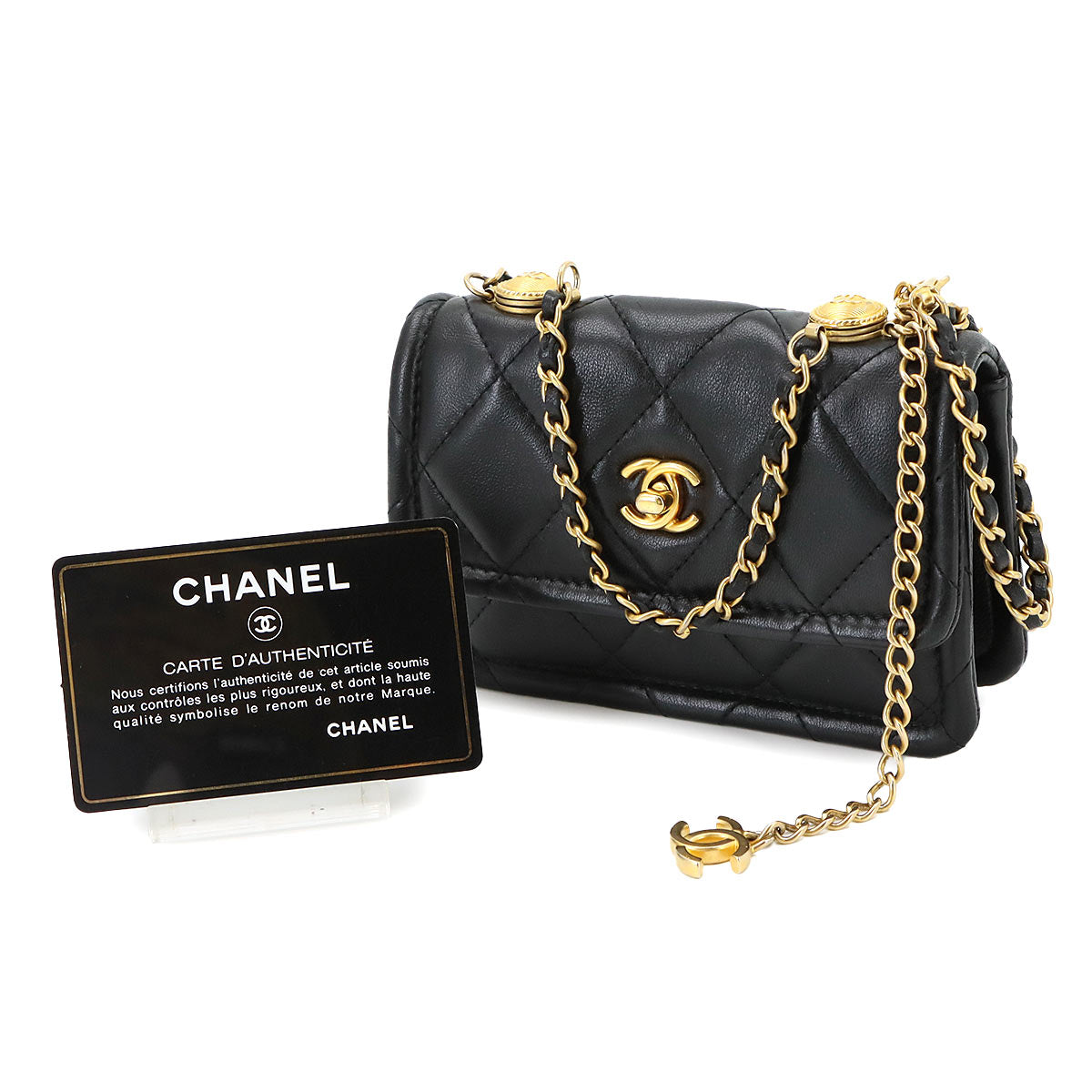 Mini Matelasse Chain Hand Shoulder Bag Leather Black Purse