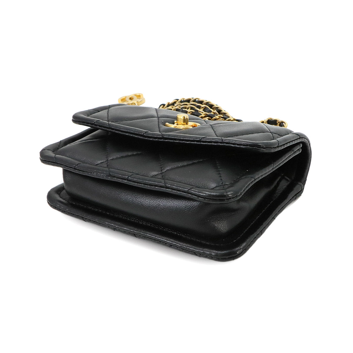 Mini Matelasse Chain Hand Shoulder Bag Leather Black Purse
