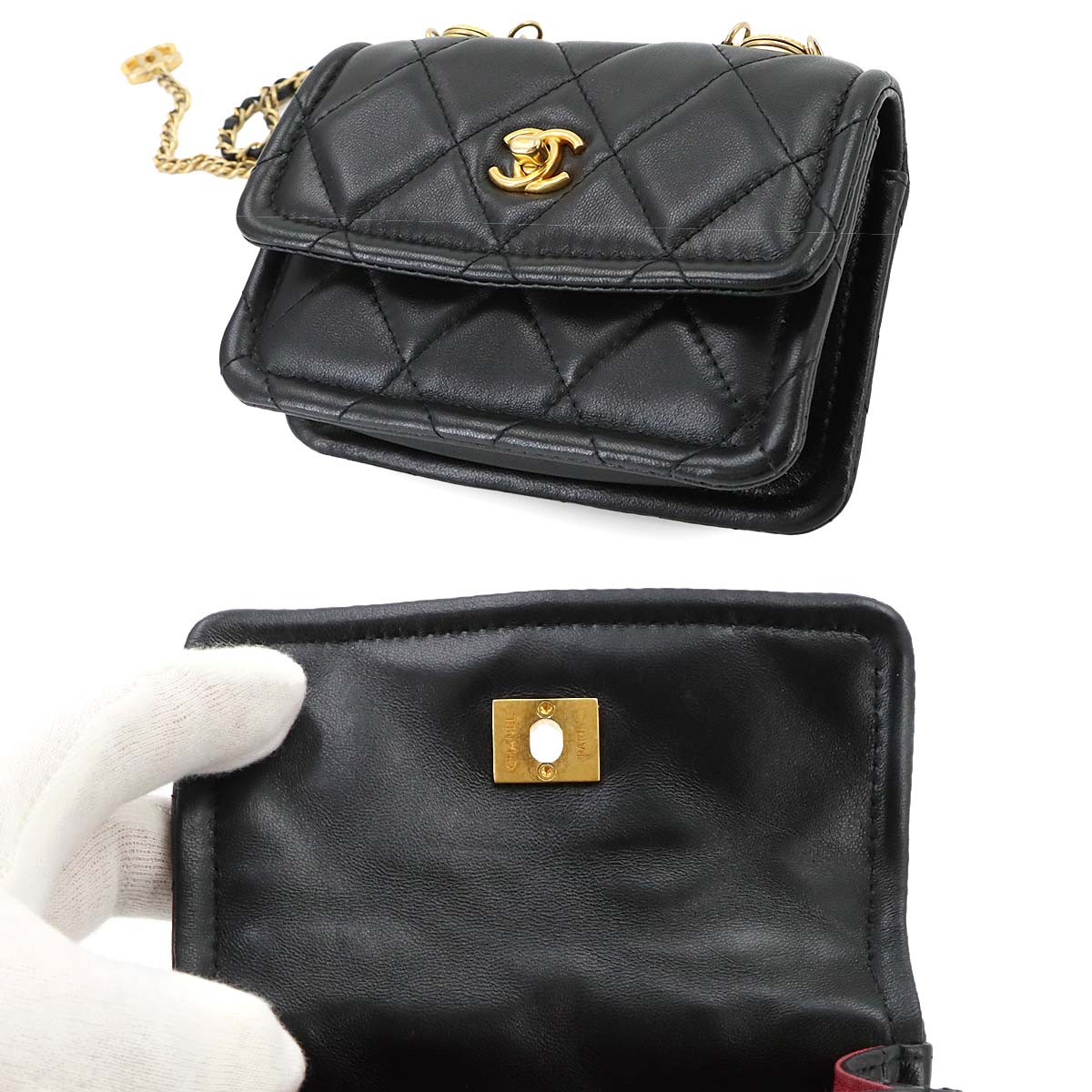 Mini Matelasse Chain Hand Shoulder Bag Leather Black Purse