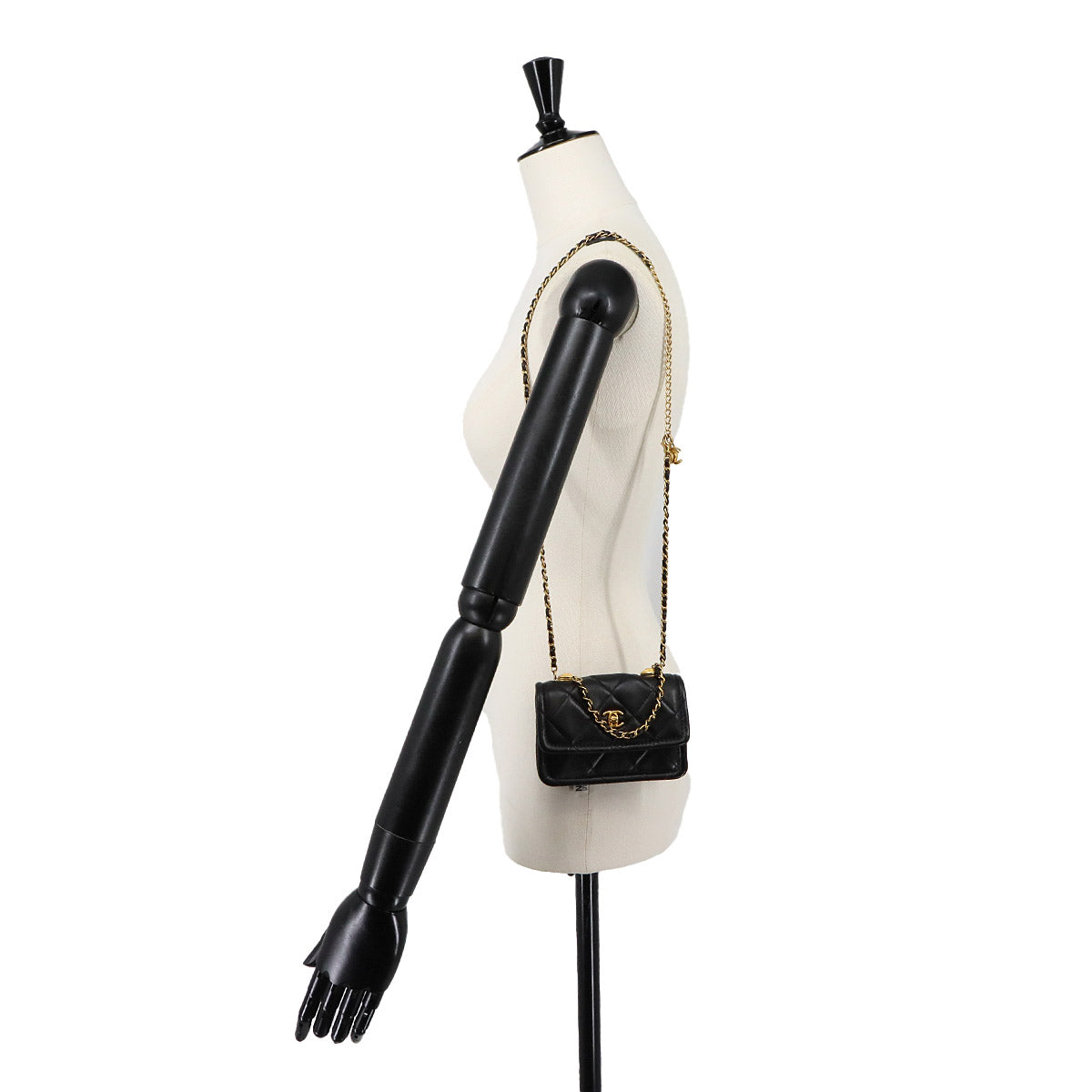 Mini Matelasse Chain Hand Shoulder Bag Leather Black Purse