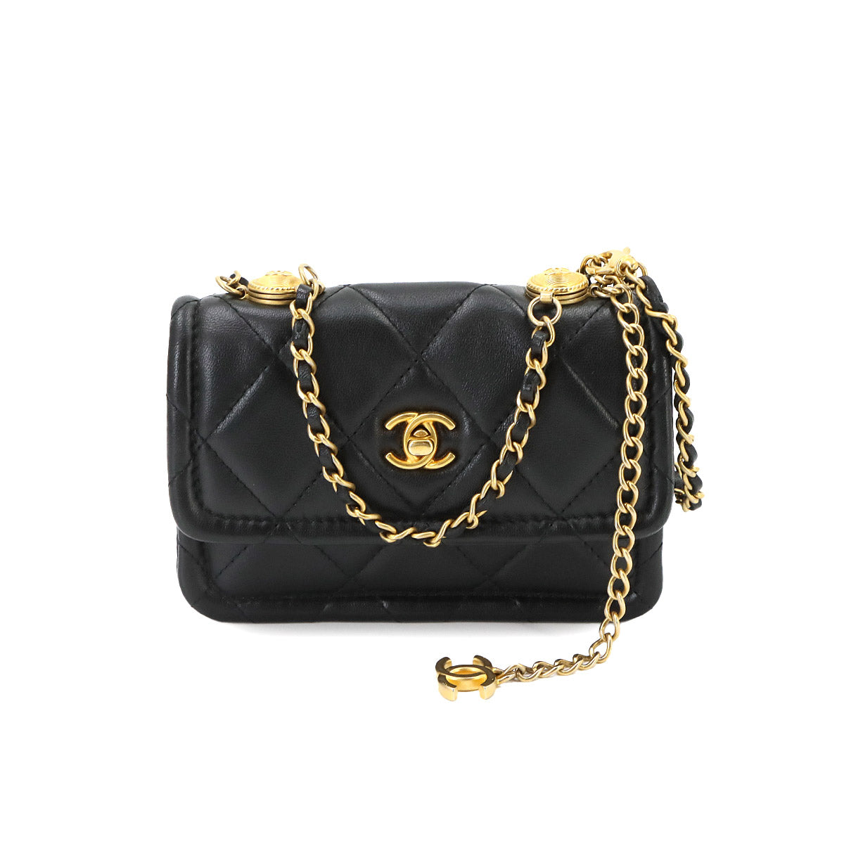 Mini Matelasse Chain Hand Shoulder Bag Leather Black Purse