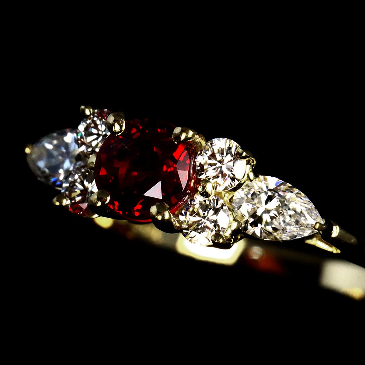 Seven Stones Ruby Diamond Ring 18K YG 750 size4.5(US)