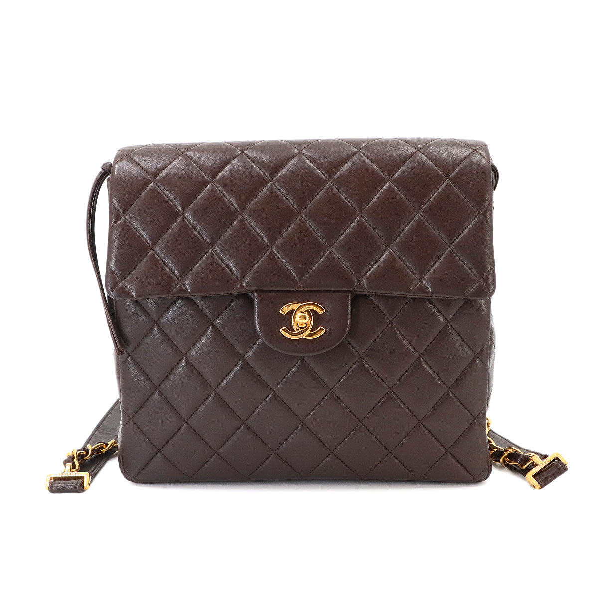 Matelasse Chain Backpack Leather Brown Purse Vintage
