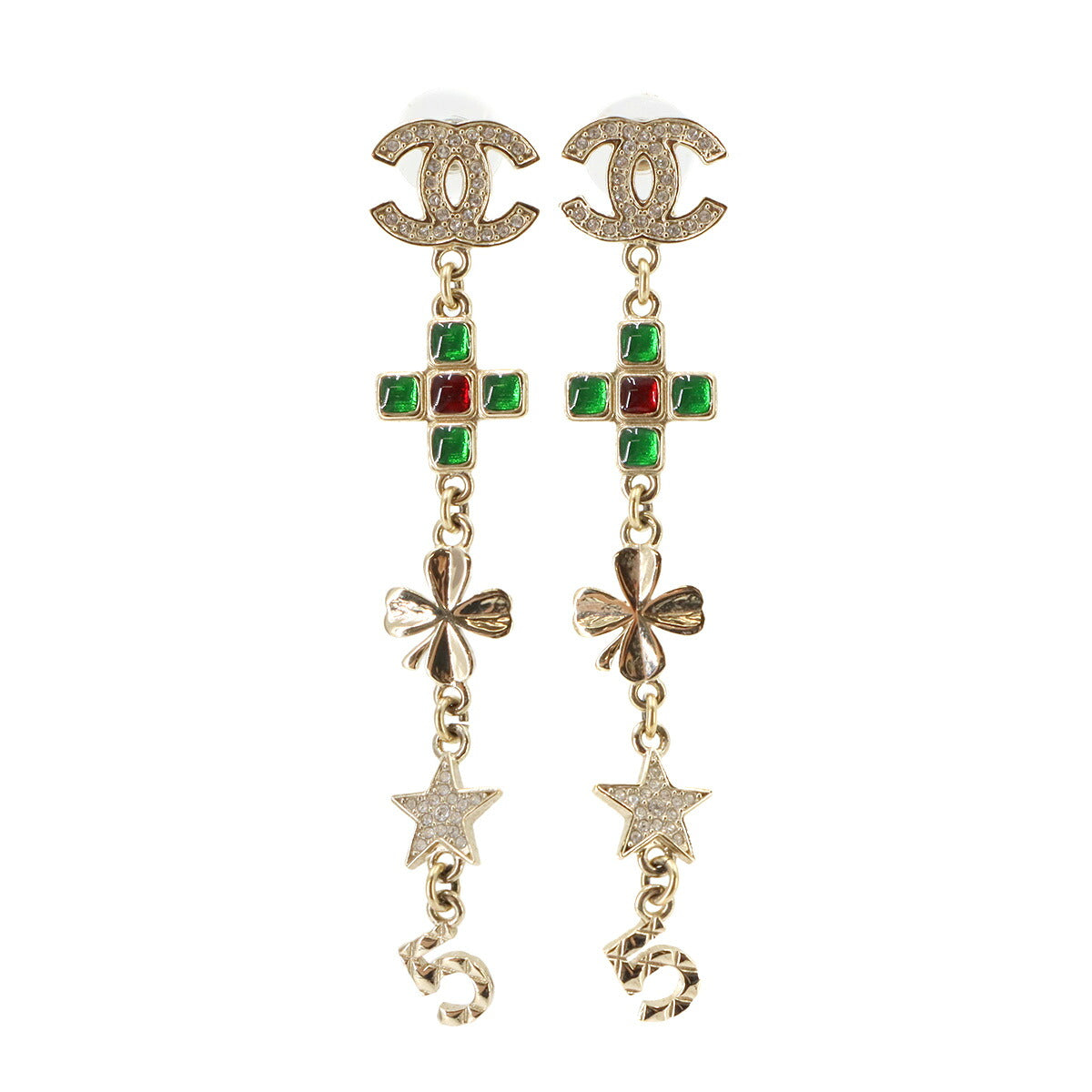 CC Logos Clover Star Swing Pierced Earrings Light Gold Green