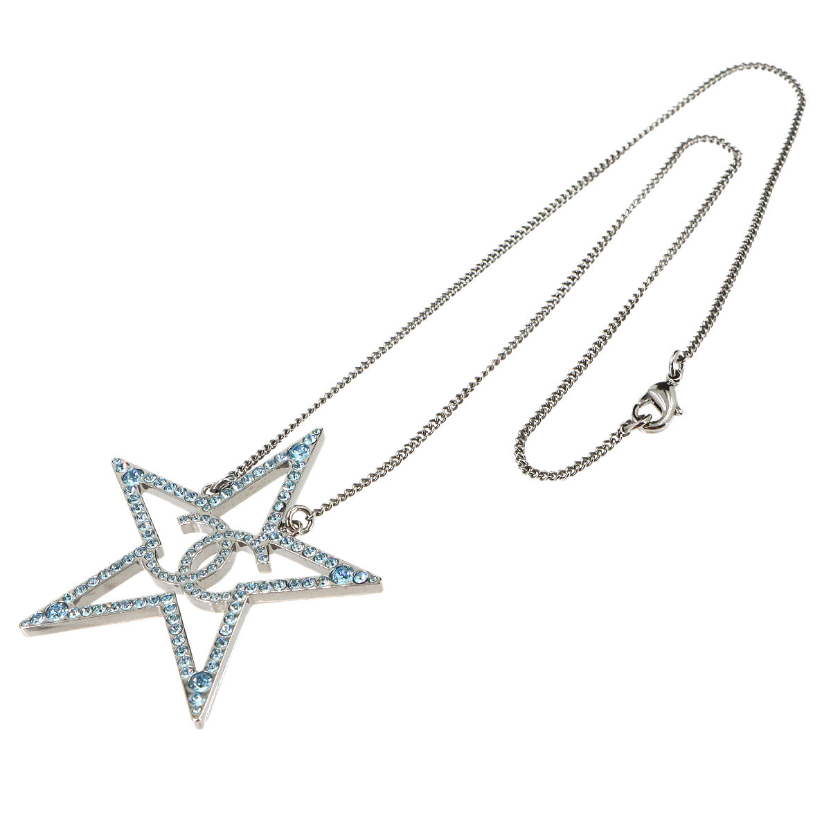 Star Motif Coco Logos Rhinestone Necklace Light Blue B17B