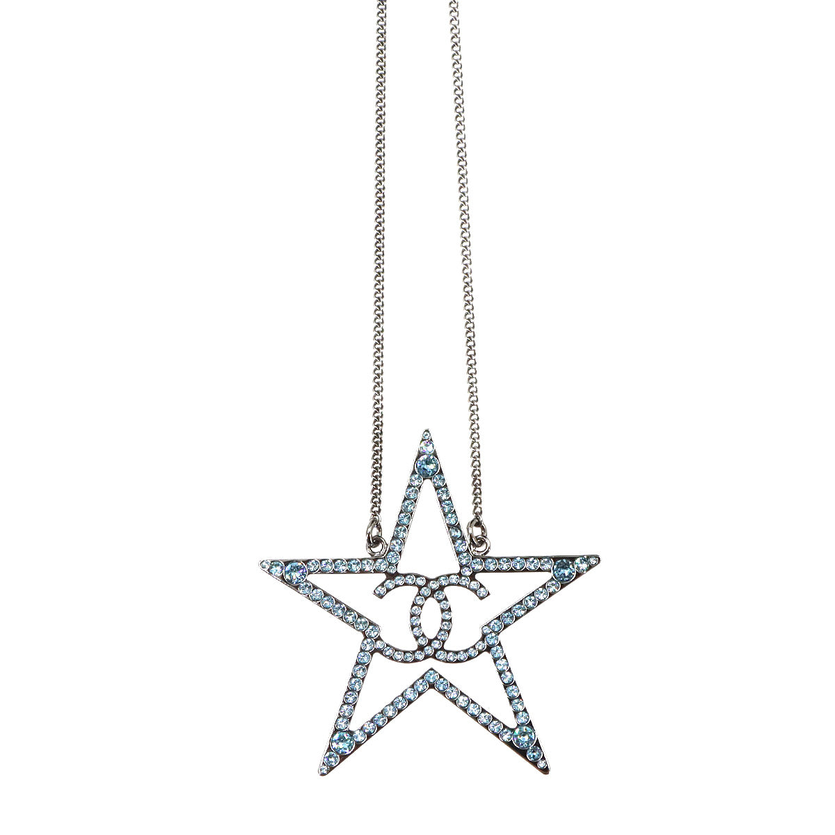 Star Motif Coco Logos Rhinestone Necklace Light Blue B17B