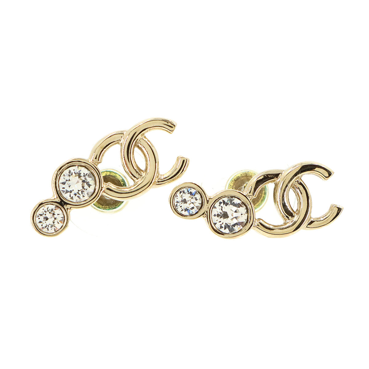 CC Logos Rhinestone Pierced Earrings Light Gold Clear