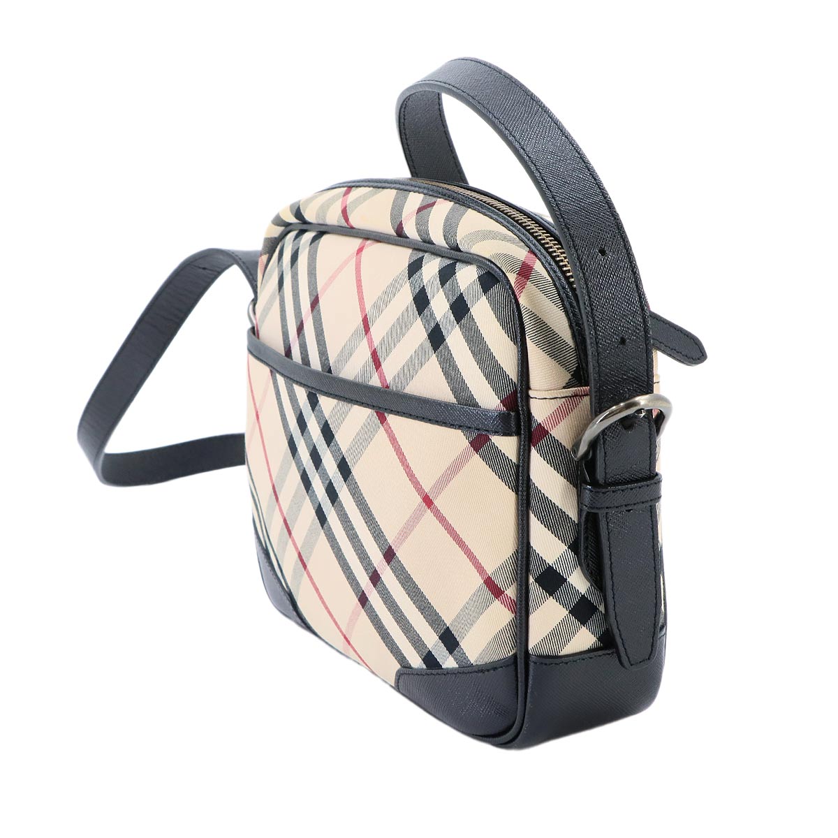 Plaid Shoulder Bag Canvas Leather Beige Black Purse