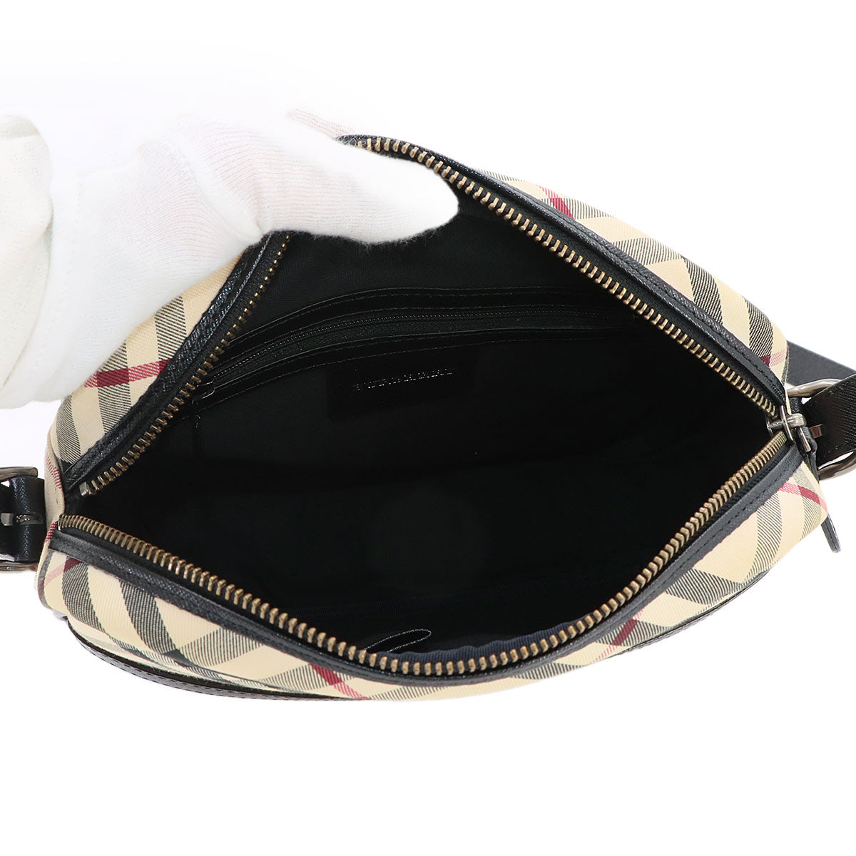 Plaid Shoulder Bag Canvas Leather Beige Black Purse