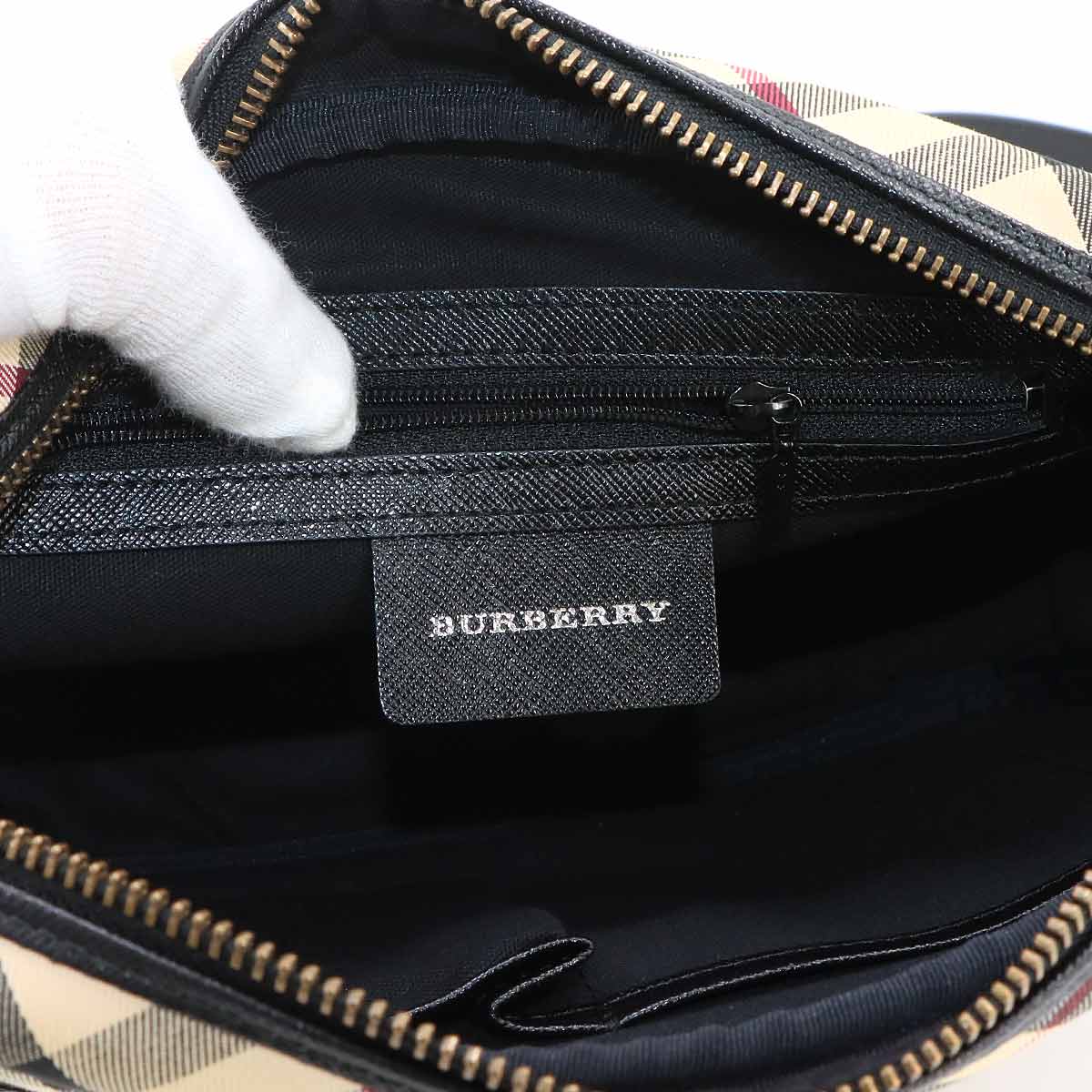 Plaid Shoulder Bag Canvas Leather Beige Black Purse