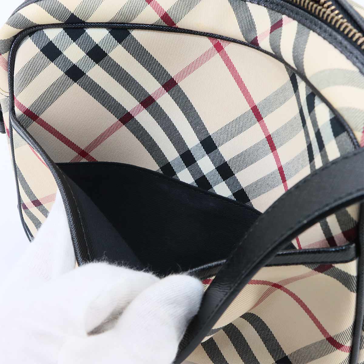Plaid Shoulder Bag Canvas Leather Beige Black Purse