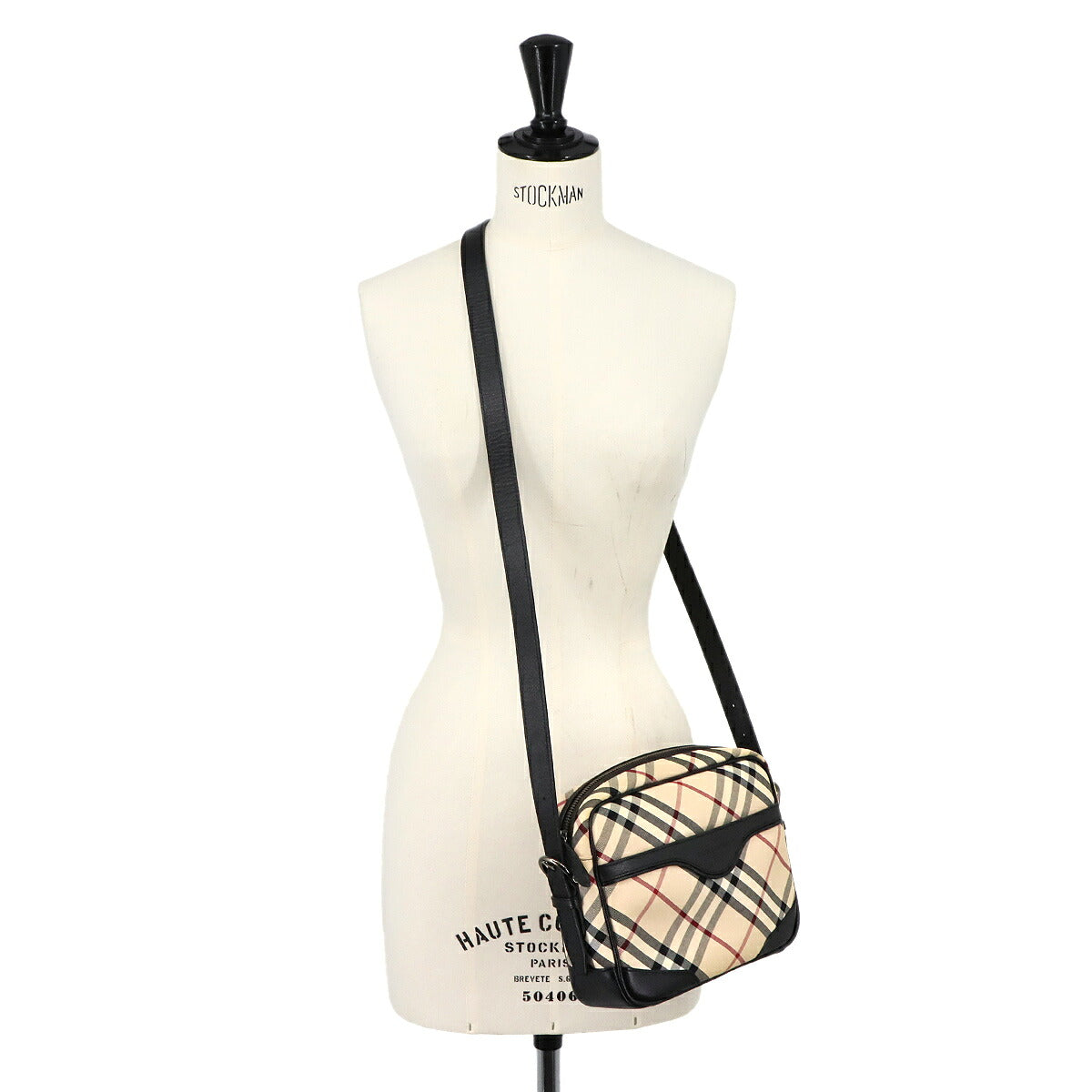 Plaid Shoulder Bag Canvas Leather Beige Black Purse
