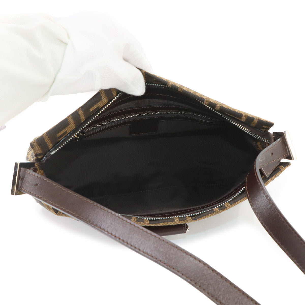 Zucca Shoulder Bag Canvas Leather Brown Black 26566 Purse