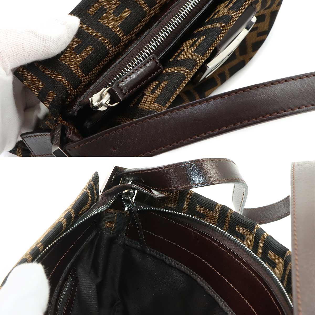 Zucca Shoulder Bag Canvas Leather Brown Black 26566 Purse