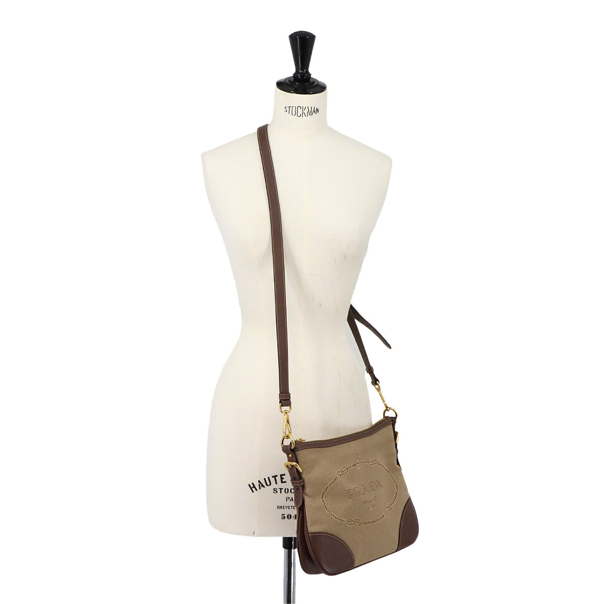 Logo Jacquard Shoulder Bag Canvas Leather Beige Brown Purse