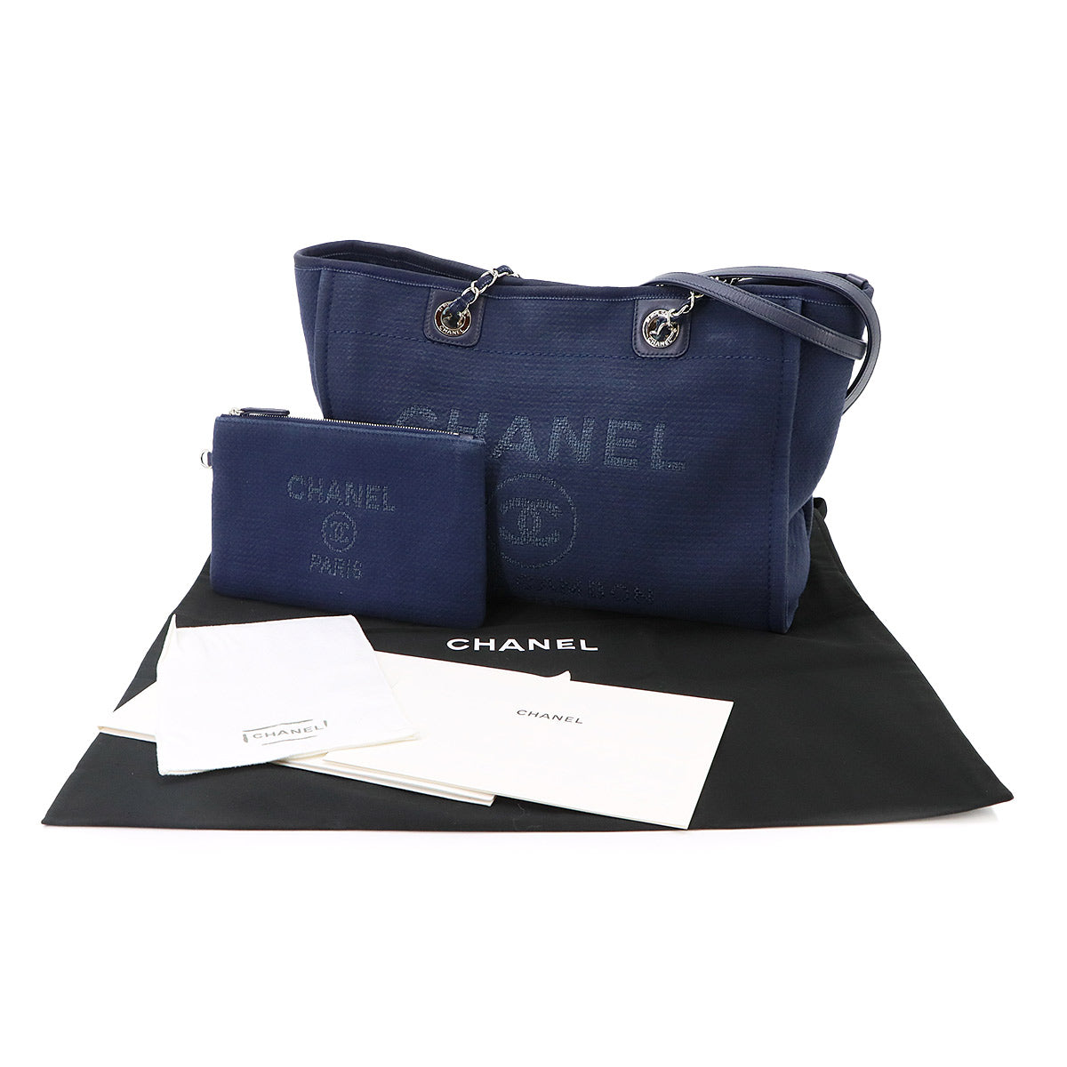 Deauville MM Chain Tote Bag Leather Navy A67001 Purse