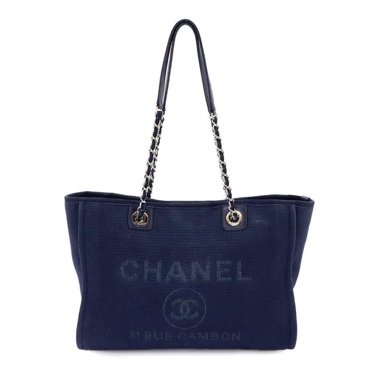 Deauville MM Chain Tote Bag Leather Navy A67001 Purse