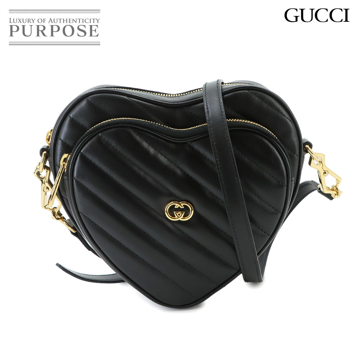 Interlocking G Heart Shoulder Bag Leather Black 751628 Purse