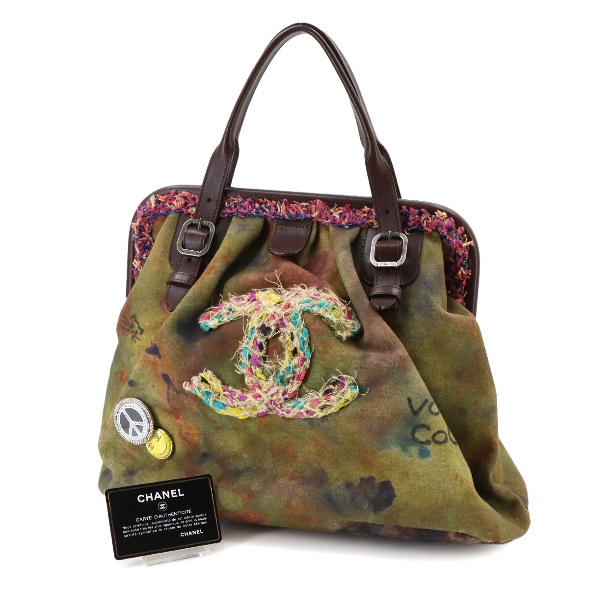 Embroidery Graffiti Hand Bag Canvas Leather Khaki Brown A92791