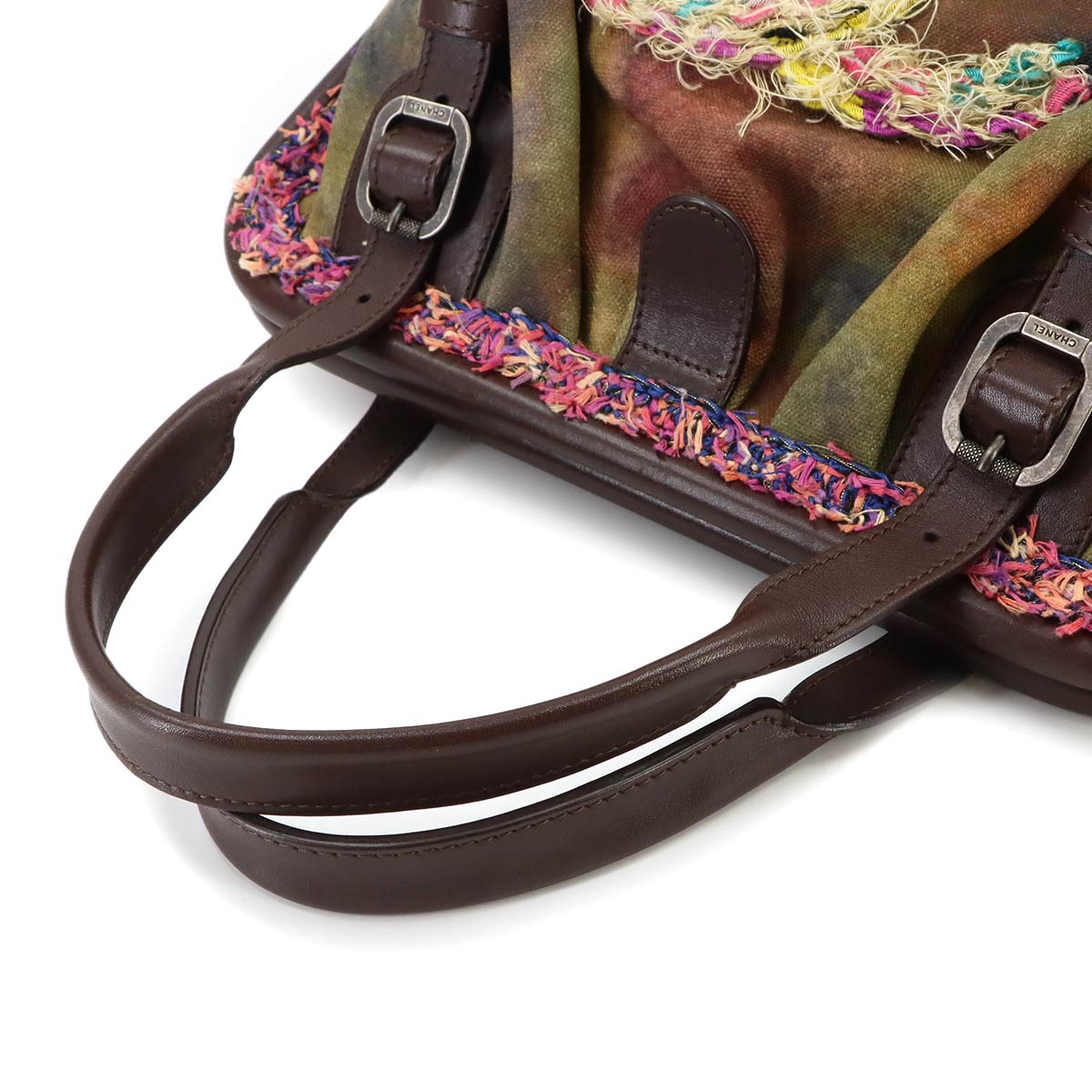 Embroidery Graffiti Hand Bag Canvas Leather Khaki Brown A92791