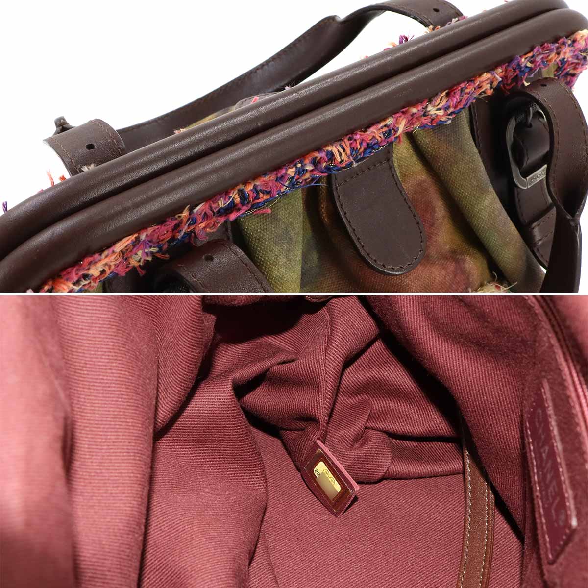 Embroidery Graffiti Hand Bag Canvas Leather Khaki Brown A92791