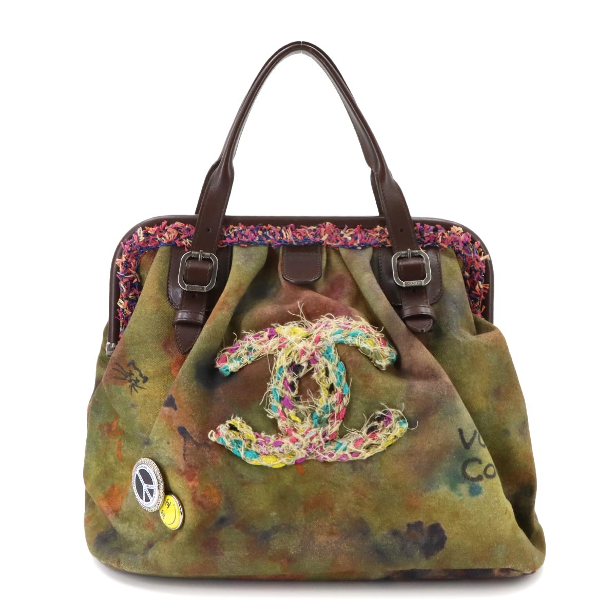 Embroidery Graffiti Hand Bag Canvas Leather Khaki Brown A92791