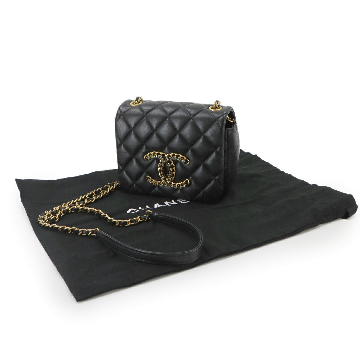 Matelasse Chain Shoulder Bag Leather Black AS2599