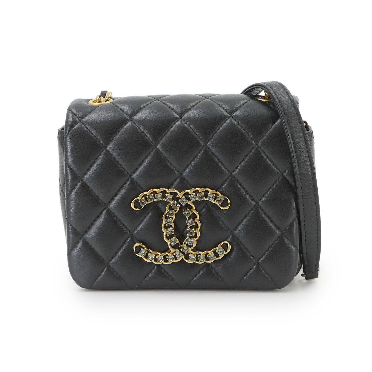Matelasse Chain Shoulder Bag Leather Black AS2599