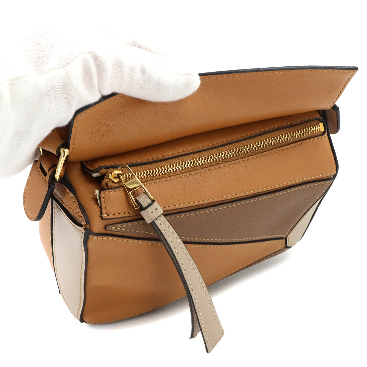 Puzzle Bag Mini 2way Hand Shoulder Bag Leather Brown Beige