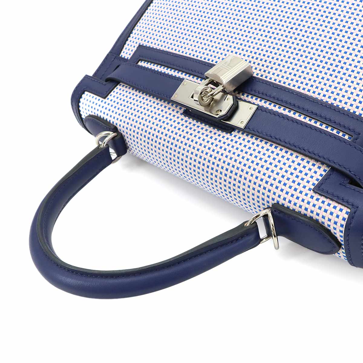 Kelly 28 Hand Bag Toile Quadrille Swift Bleu Saphir Ecru Mauve
