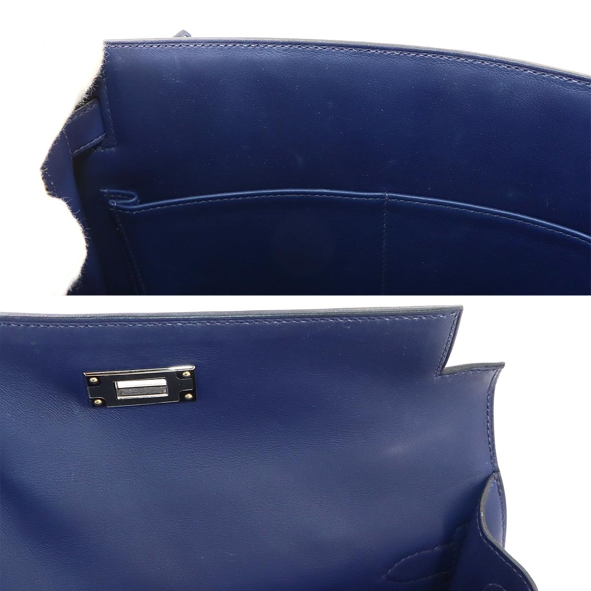 Kelly 28 Hand Bag Toile Quadrille Swift Bleu Saphir Ecru Mauve