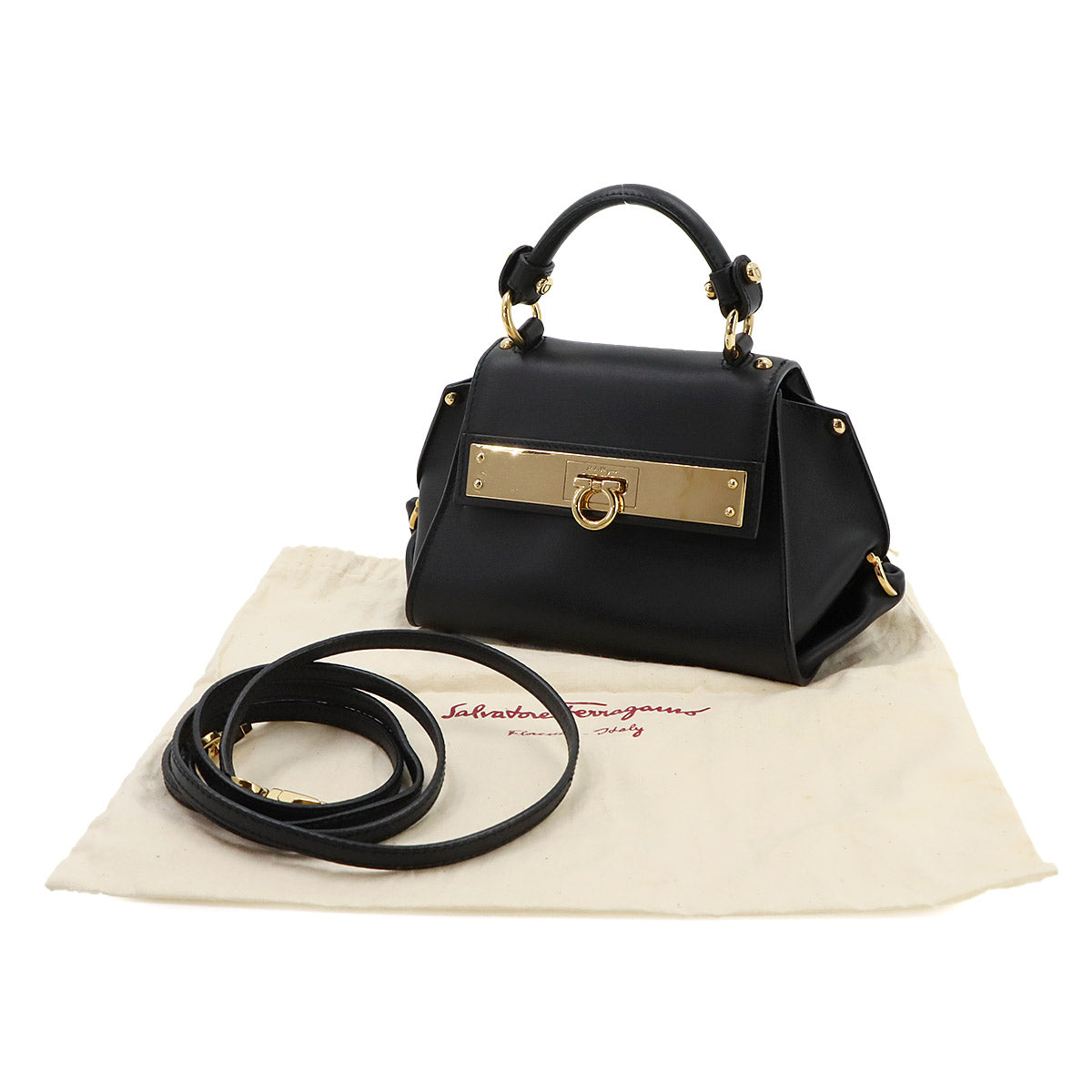Gancini Mini Sofia Hand Shoulder Bag Leather Black