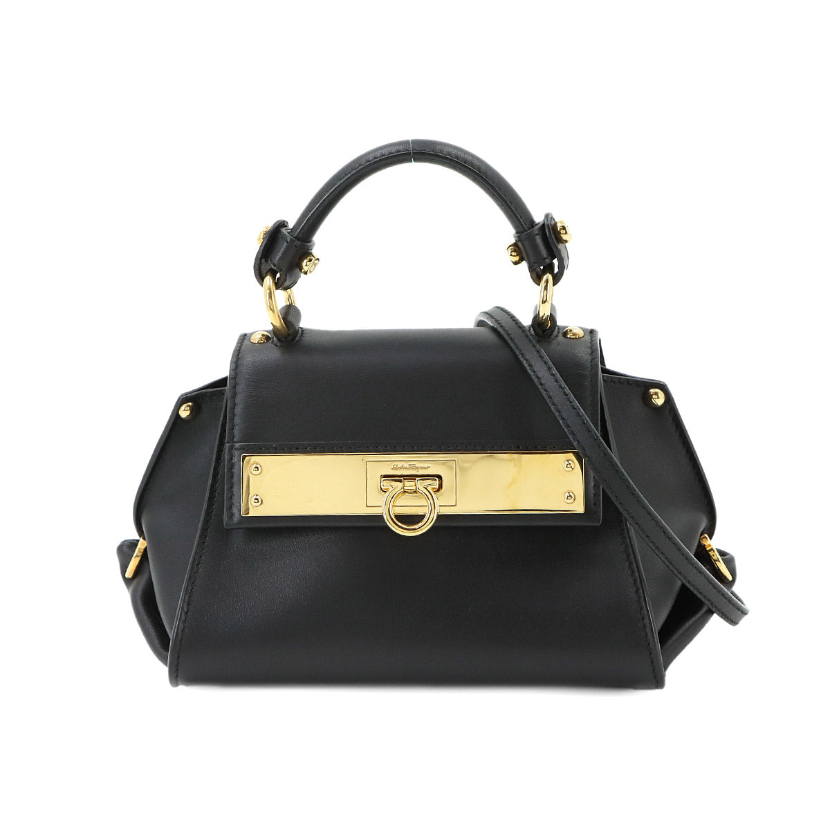 Gancini Mini Sofia Hand Shoulder Bag Leather Black