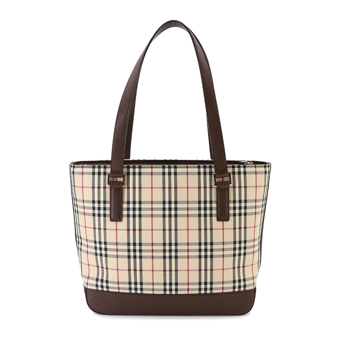 Plaid Tote Bag Canvas Leather Beige Brown
