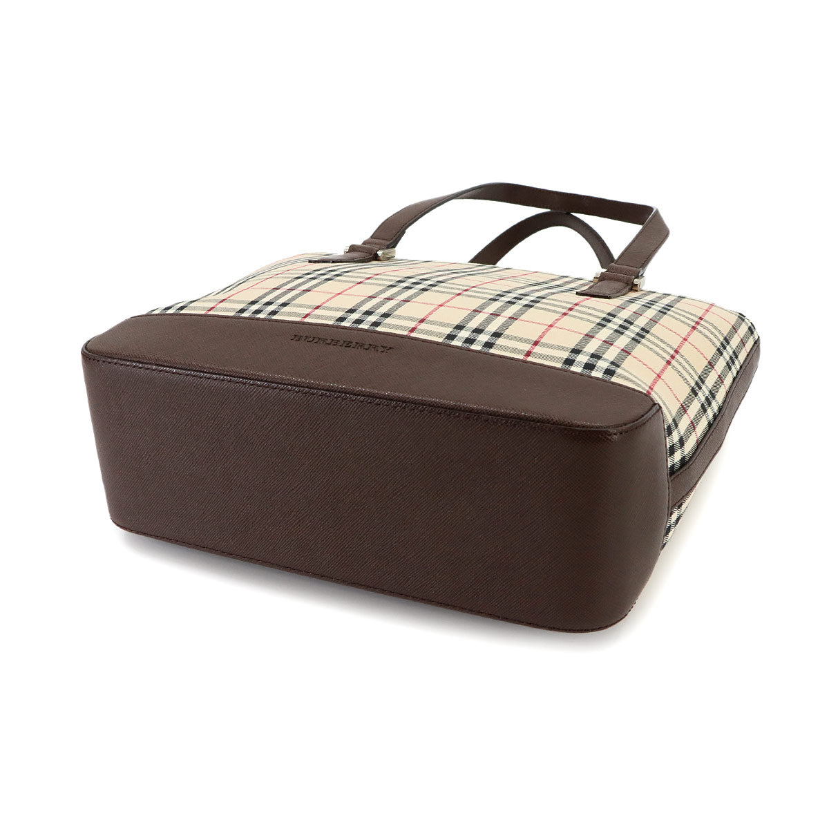 Plaid Tote Bag Canvas Leather Beige Brown