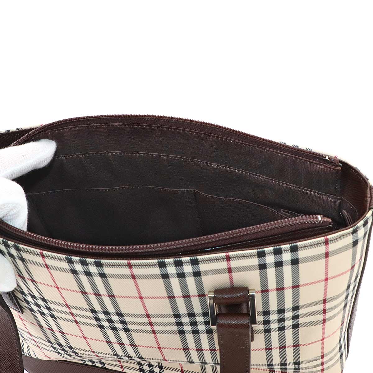 Plaid Tote Bag Canvas Leather Beige Brown