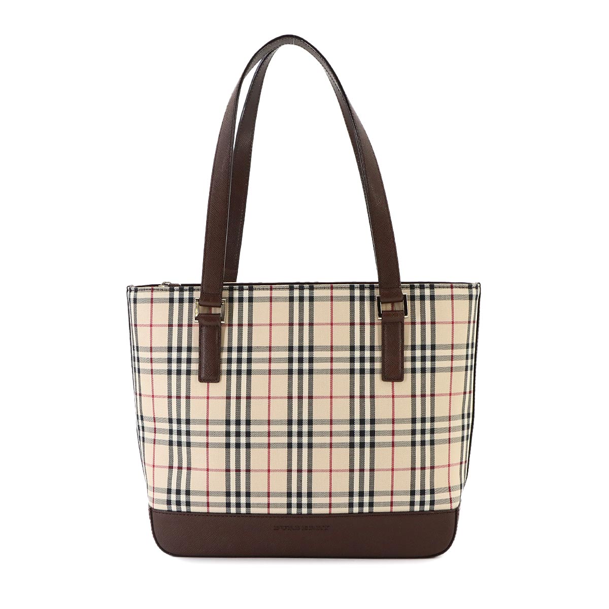 Plaid Tote Bag Canvas Leather Beige Brown