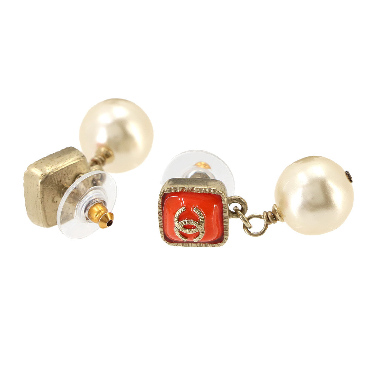 CC Logos Swing Pierced Earrings Faux Pearl Red Gold White A14K