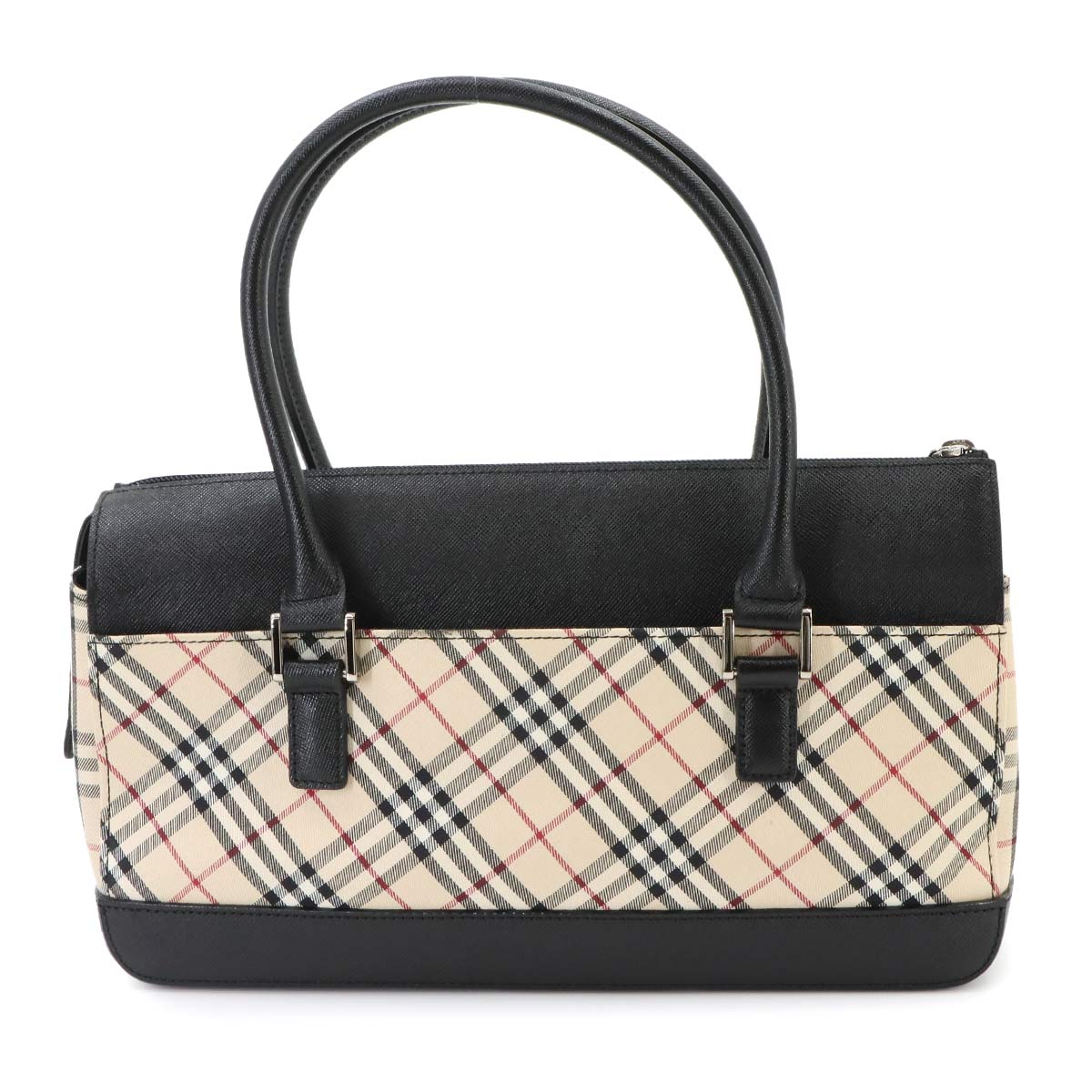 Plaid Mini Boston Hand Bag Canvas Leather Beige Black