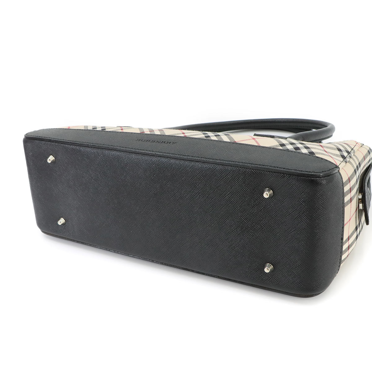 Plaid Mini Boston Hand Bag Canvas Leather Beige Black