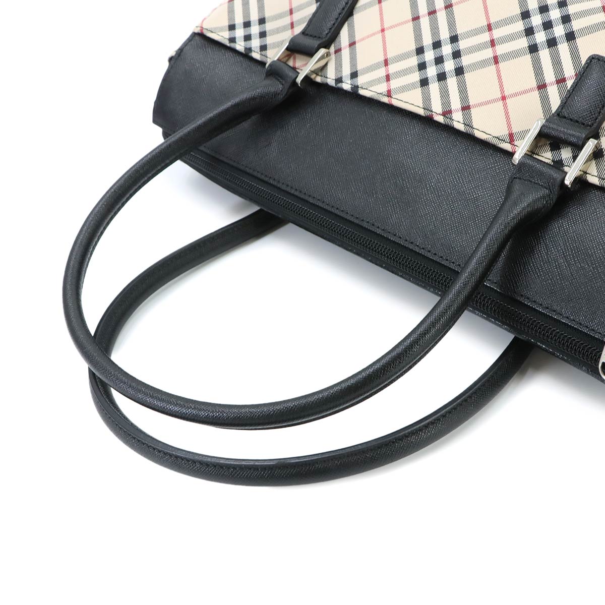 Plaid Mini Boston Hand Bag Canvas Leather Beige Black