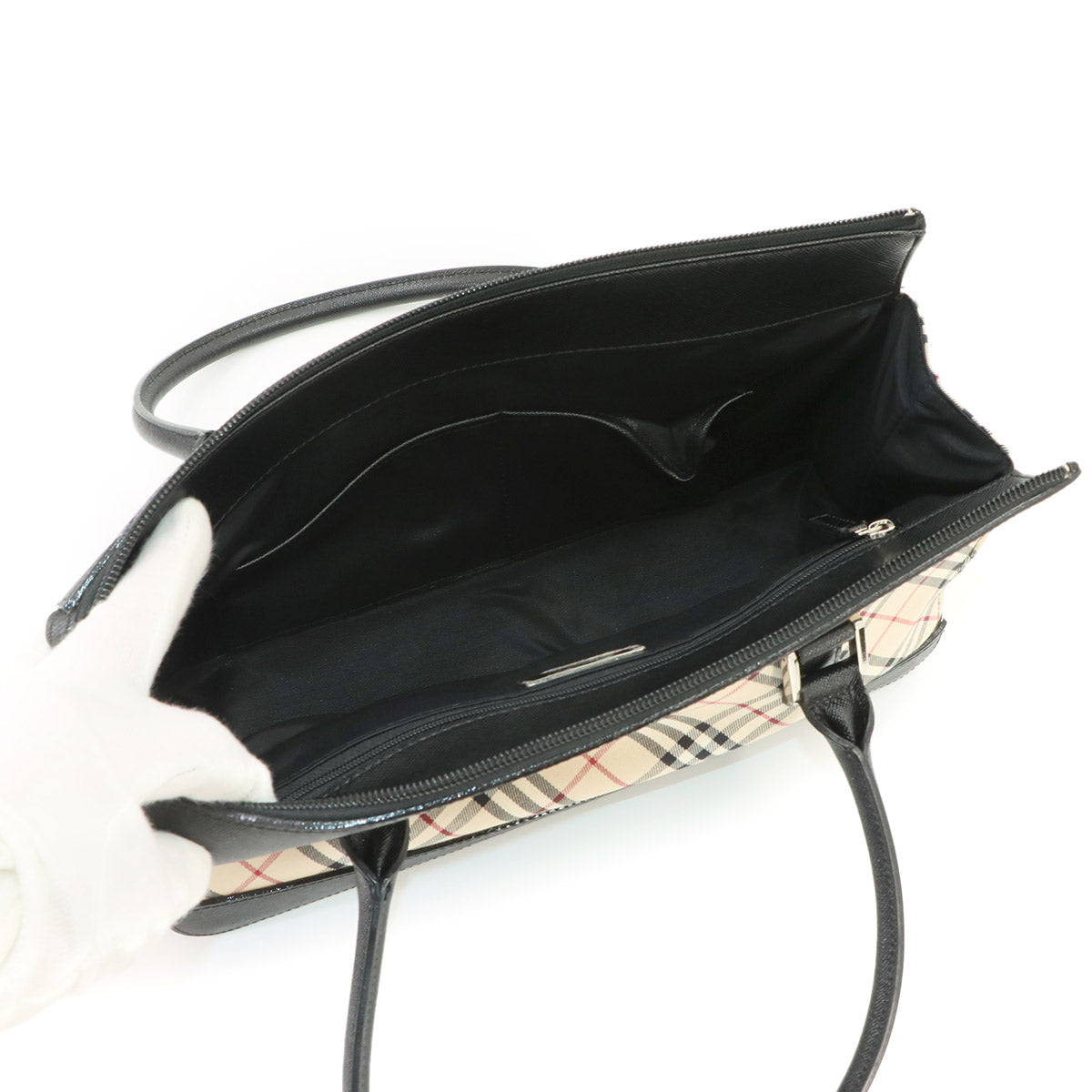 Plaid Mini Boston Hand Bag Canvas Leather Beige Black